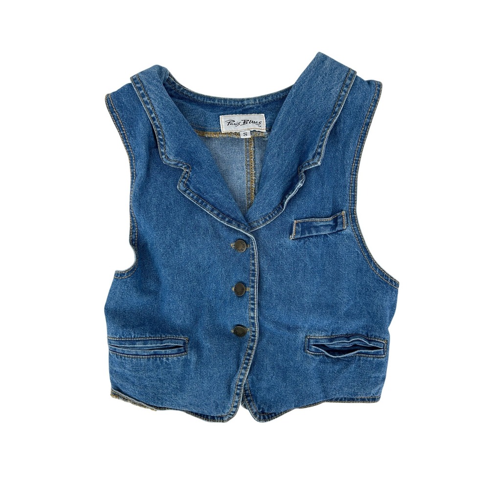 Vintage 90s Denim Vest Paris Blues Button Front Tie Back Womens Small